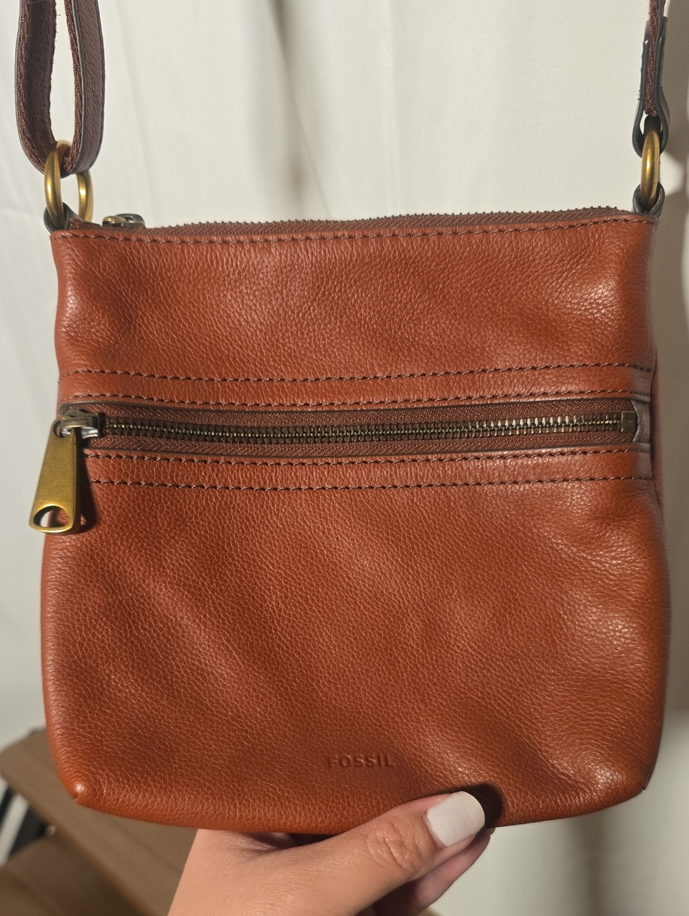 Fossil Small Pebbled Leather Crossbody in Cognac Brown